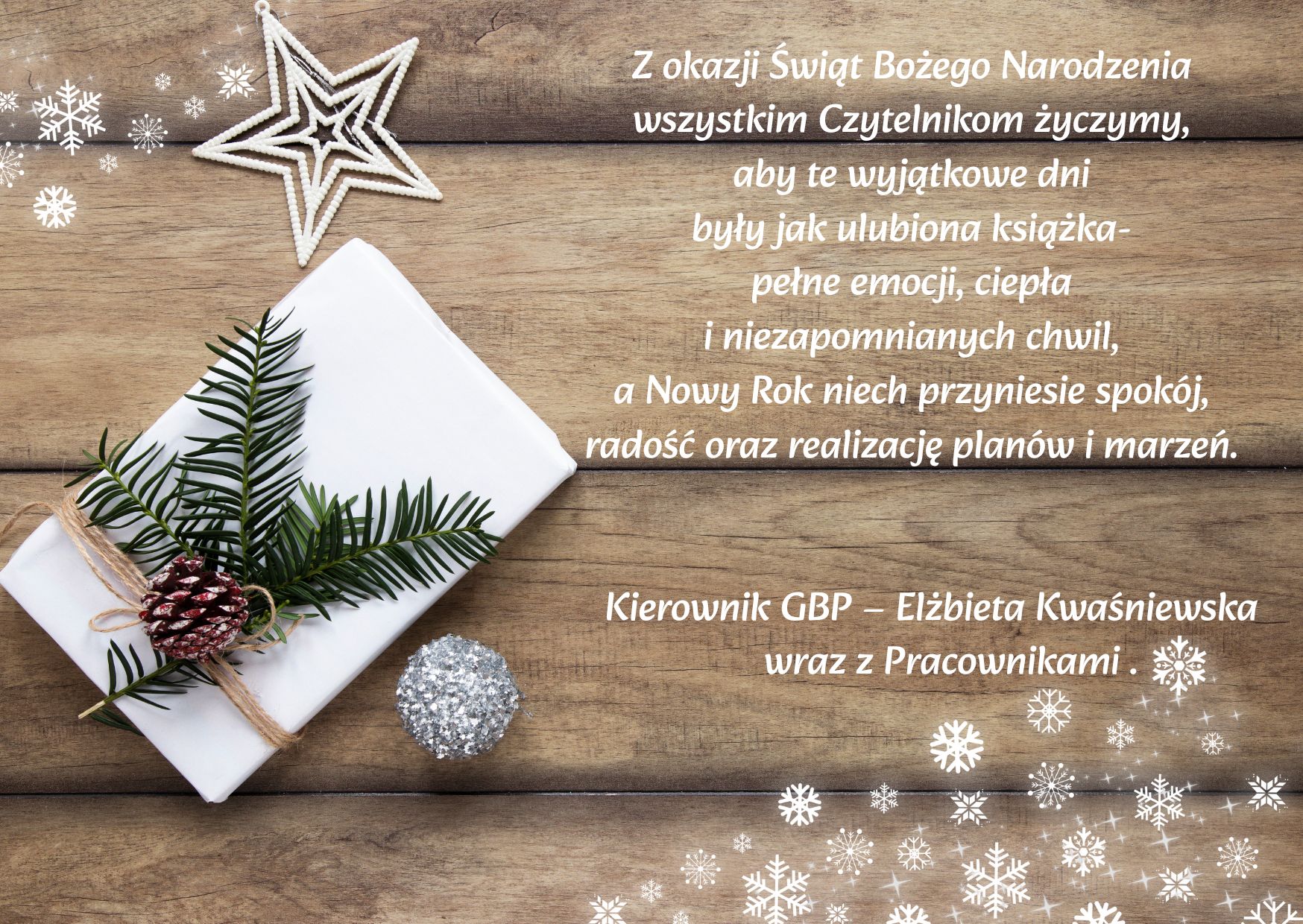 Z okazji Świąt Bożego Narodzenia wszystkim Czytelnikom życzymy aby te wyjątkowe dni były jak ulubiona książka pełne emocji ciepła i niezapomnianych chwil a Nowy Rok niech przyniesie spokój ra
